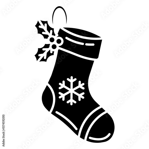 A Festive Christmas Stocking Design Illustration Featuring Holly and Snowflake vector icon solid style