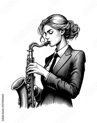 Elegant Woman in Suit Playing Saxophone Detailed Black and White Engraving