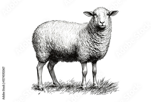 Sheep, lamb. Vintage retro print, black white sheep lamb sketch ink pencil style drawing, engrave old school. Sketch artwork silhouette farm sheep lamb. Side view profile. Illustration