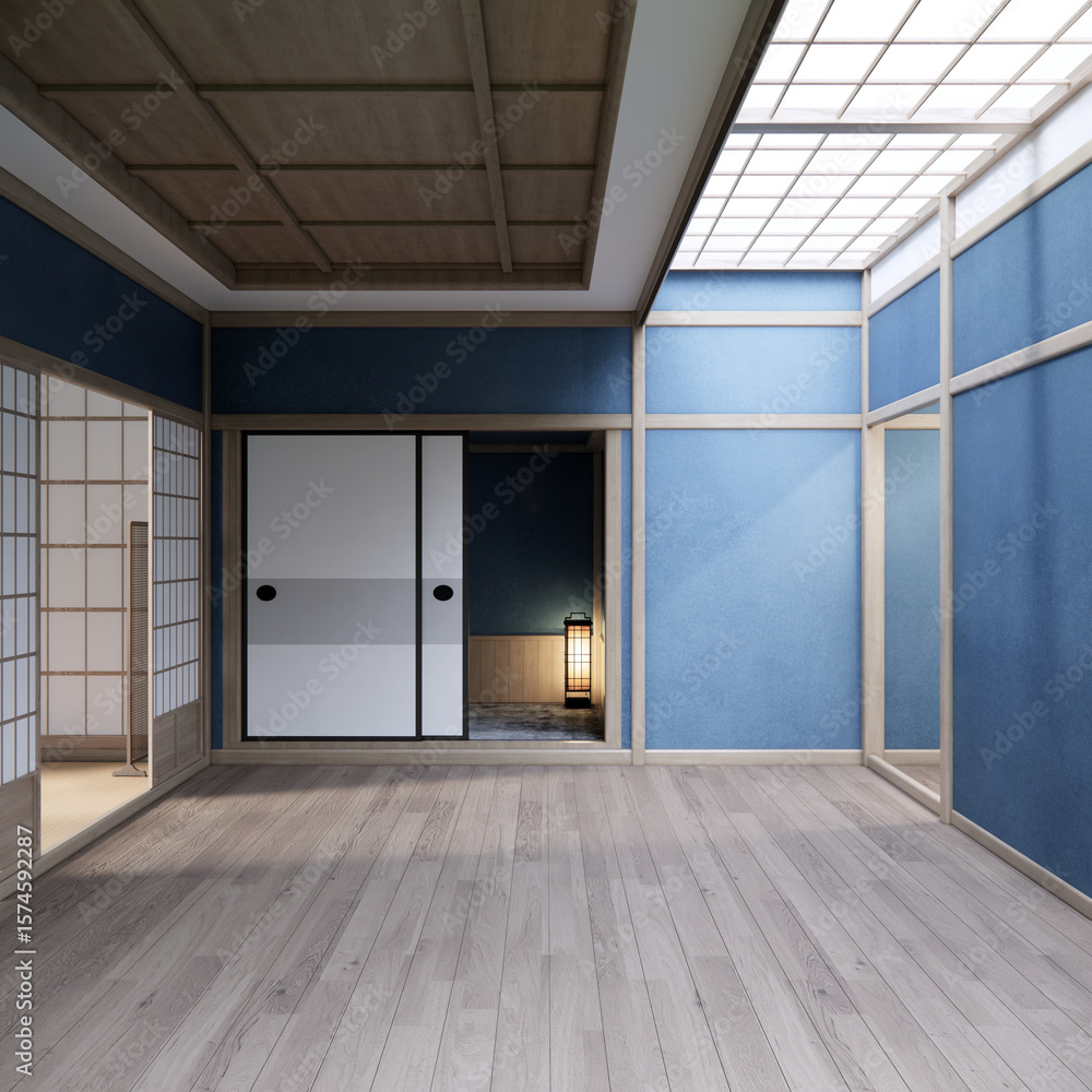 Obraz premium Cool colors give a feeling of coolness and calmness. Japanese traditional room, Mock up empty room and decoration room japan style.3D rendering