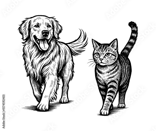 Dog and Cat Walking Together in Black and White Engraving Style Illustration