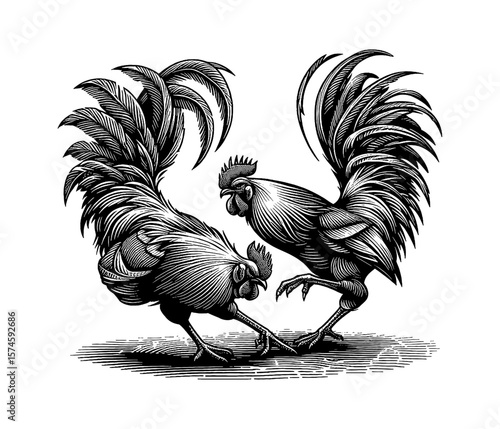 Two Roosters Fighting in Detailed Black and White Engraving Style Vector Graphic