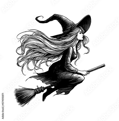 Witch Flying on Broomstick with Long Hair in Black and White Engraving Style Illustration
