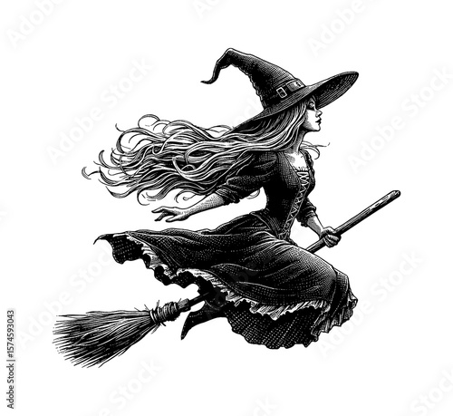 Witch Flying on Broomstick with Long Hair and Pointed Hat in Detailed Black and White Illustration