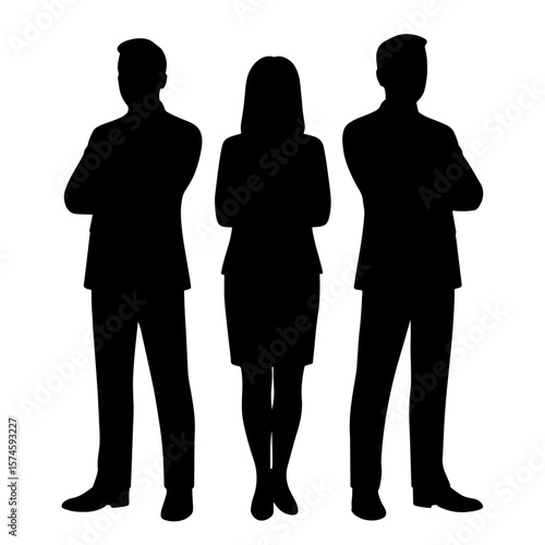 Three confident business people stand as silhouettes against a white backdrop, implying teamwork and professionalism.