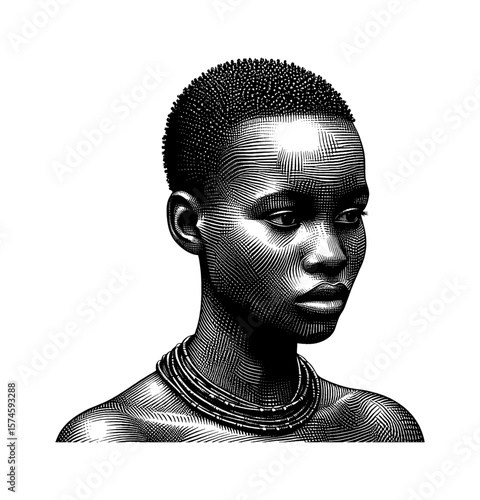 African Woman Portrait with Necklace in Detailed Engraved Style with Black and White Color