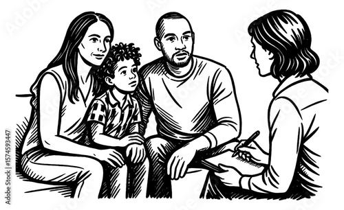 African American family in consultation with therapist writing on clipboard in illustration