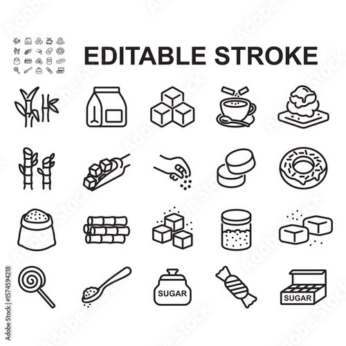 A collection of sugar cane and sugar icons. Thin line style vectors. Contains icons such as granulated sugar, sugar cane, rock sugar, sweet foods, and more.