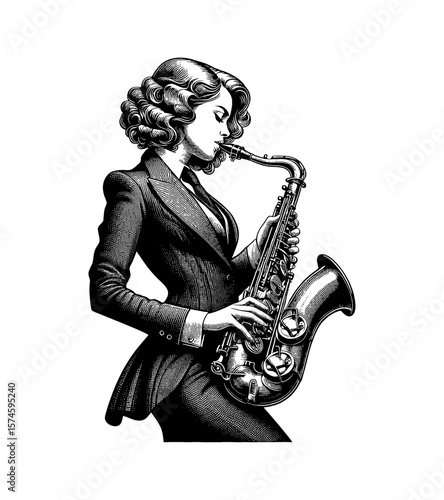 Elegant Woman in Suit Playing Saxophone in Black and White Engraving Style Art