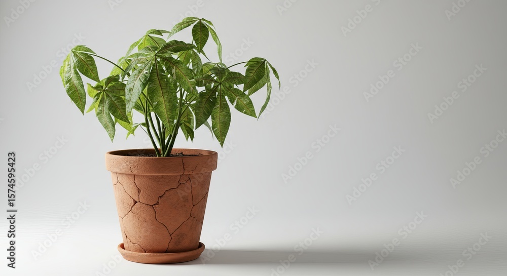 Fototapeta premium Green Indoor Plant in Terracotta Pot on Minimalist Background