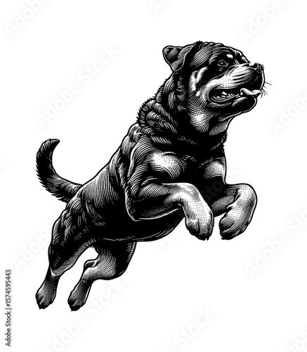 Engraved Illustration of Rottweiler Dog Jumping with Energetic Mood in Black and White