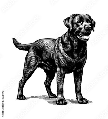 Engraved Image of a Dog Standing Still, Black and White Vintage Animal Pet Illustration