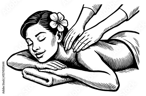 Relaxing Woman Receiving Shoulder Massage with Eyes Closed in Detailed Black and White Drawing