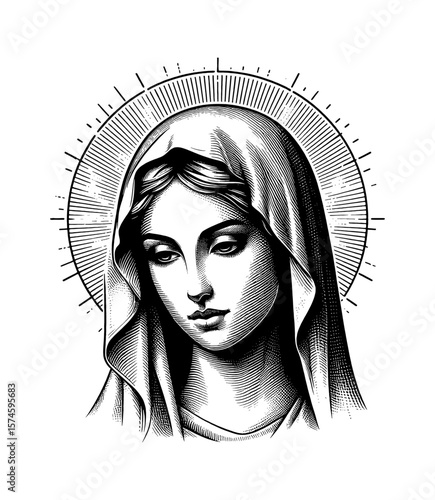 Portrait of the Virgin Mary in Black and White Engraving Style with Halo and Detailed Lines