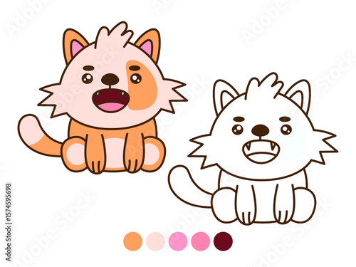 Cartoon illustration of a ginger cat singing or roaring, both colored and as an outline for coloring. Ideal for children's activities or pet-themed designs.
