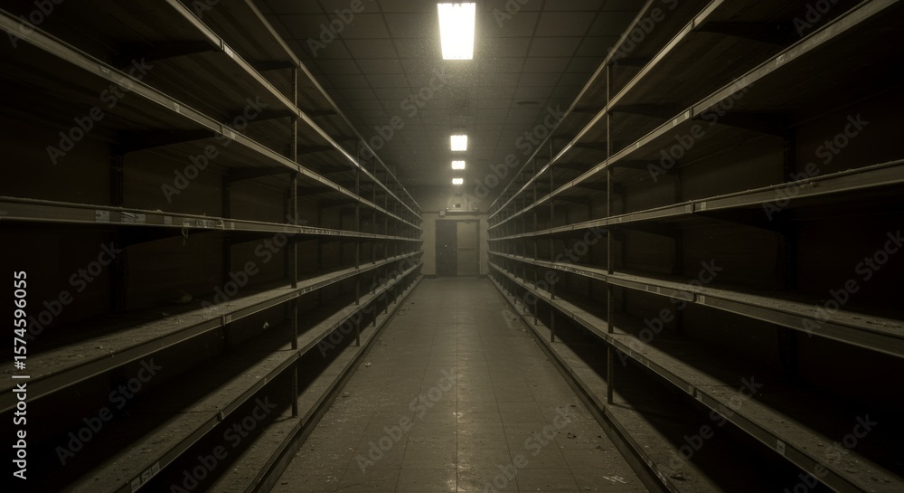 Fototapeta premium Empty Store Aisle with Dim Lighting and Dusty Shelves in Background