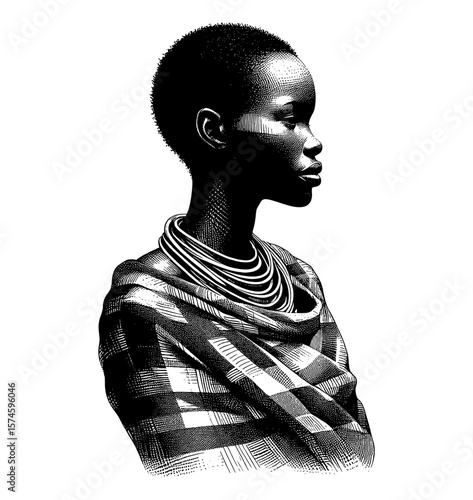 Elegant African Woman Profile Portrait with Traditional Necklace and Wrap in Engraved Style