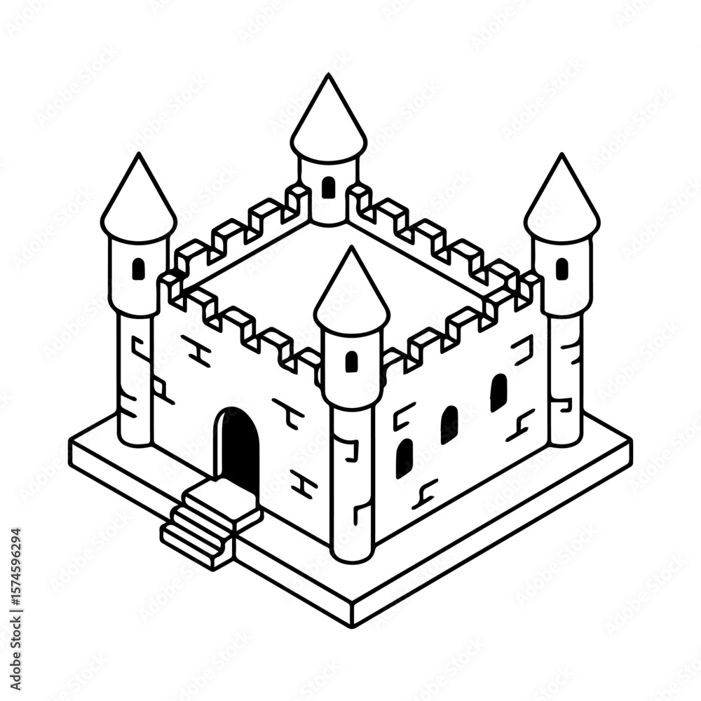 Fototapeta premium Isometric castle illustration vector design medieval fortress architecture outline drawing clip art graphic 3d