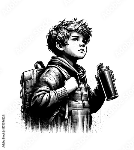 Young Boy with Backpack Holding Spray Can, Looking Upward in Black and White Engraving