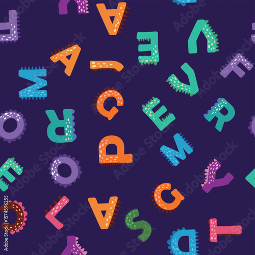 ABC seamless pattern in simple cartoon style. Cute dinosaur alphabet print - hand drawn childish seamless pattern design. Digital paper.