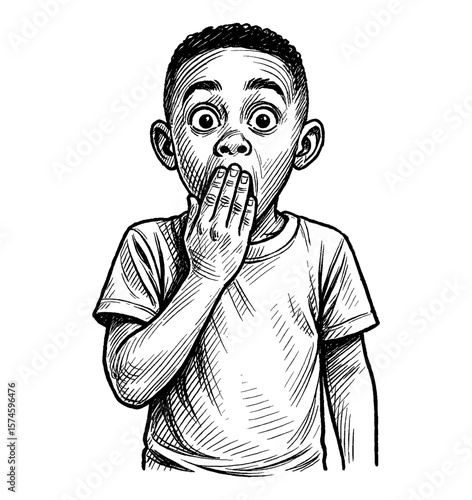 Shocked African American Boy with Hand Covering Mouth in Black and White Detailed Engraving