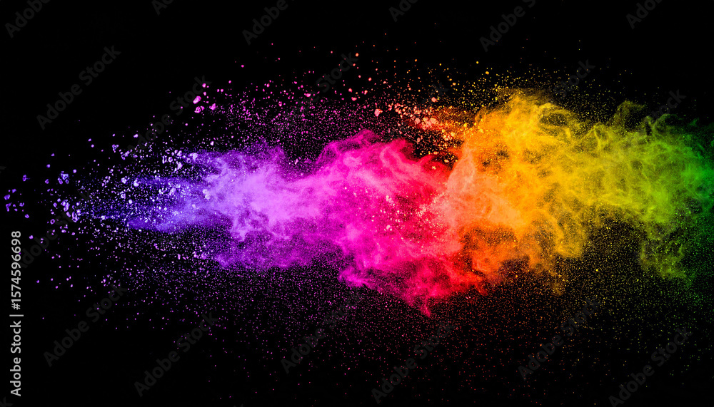 Fototapeta premium Exploding cloud of colorful powder particles, vibrant rainbow explosion, black background.
