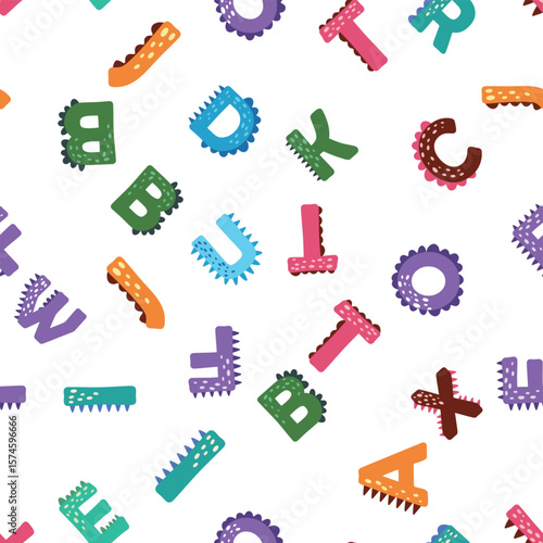 ABC seamless pattern in simple cartoon style. Cute dinosaur alphabet print - hand drawn childish seamless pattern design. Digital paper.