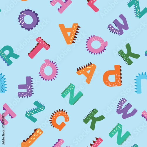 ABC seamless pattern in simple cartoon style. Cute dinosaur alphabet print - hand drawn childish seamless pattern design. Digital paper.
