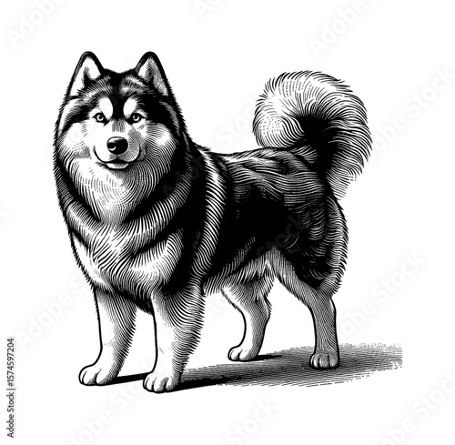 Engraved Style Illustration of an Alaskan Malamute Standing and Looking Forward on White Background