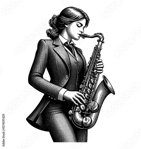 Elegant woman in suit playing saxophone with a focused expression detailed line art