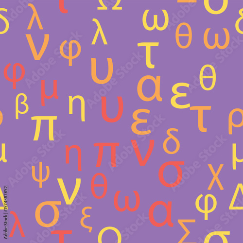 Seamless pattern Letters and symbols of the Greek alphabet. Bright Greek alphabet.