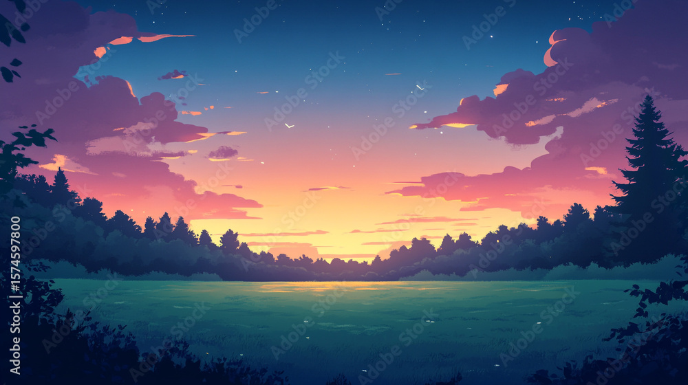 Naklejka premiumA vibrant sunset paints the sky in shades of pink, purple, and orange over a lush green field and a distant forest, with silhouetted trees framing the scene.