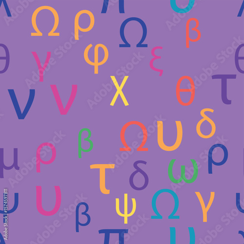 Seamless pattern Letters and symbols of the Greek alphabet. Bright Greek alphabet.