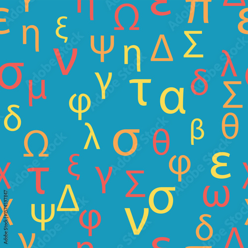 Seamless pattern Letters and symbols of the Greek alphabet. Bright Greek alphabet.