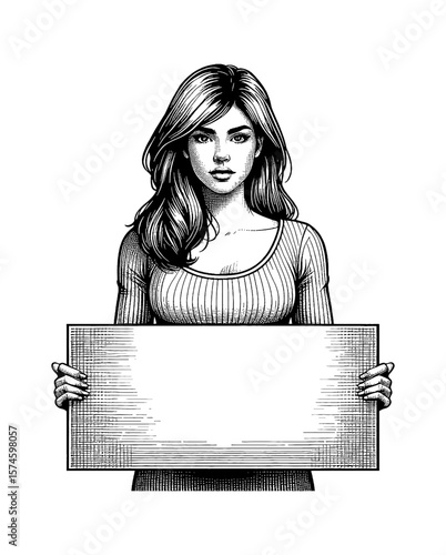 Serious Woman Holding Blank Sign Board Portrait in Detailed Black and White Line Art Drawing