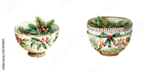 christmas bowl watercolor vector illustration