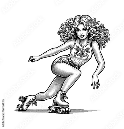 Engraved Illustration of a Caucasian Woman Skating with Roller Skates, Pinup Style