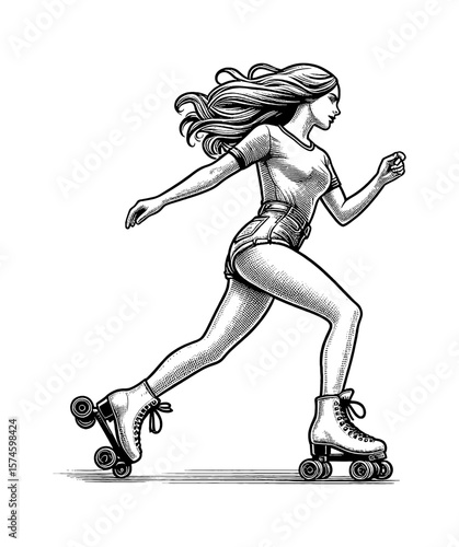 Woman Roller Skating with Speed and Enthusiasm in Detailed Engraving Style Black and White
