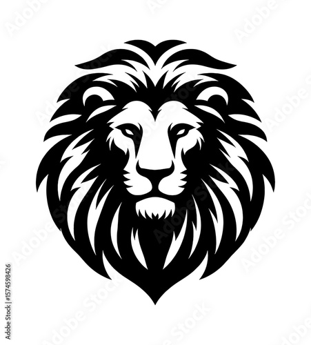 Vector illustration of a black and white lion head with a majestic mane