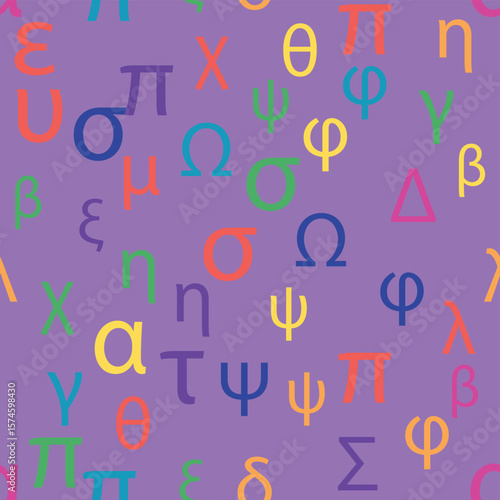 Seamless pattern Letters and symbols of the Greek alphabet. Bright Greek alphabet.