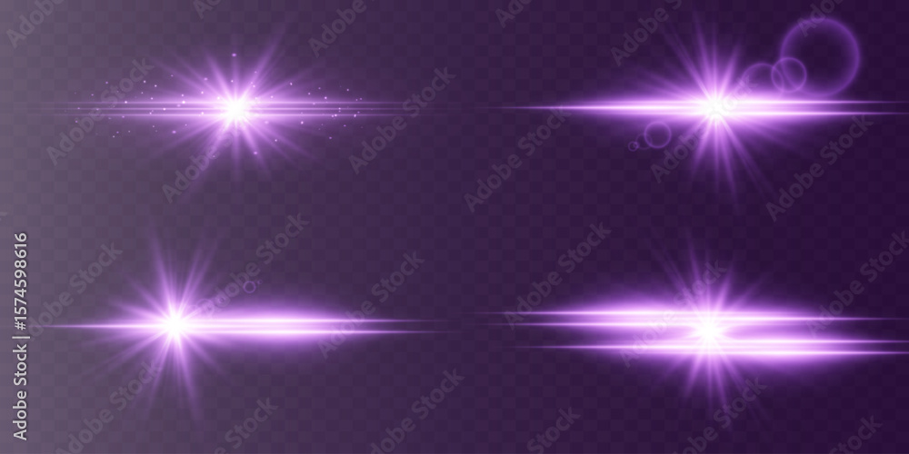 Obraz premium Set of glowing purple star glare. Bright neon flashes. Abstract flashes with glowing line. EPS 10.