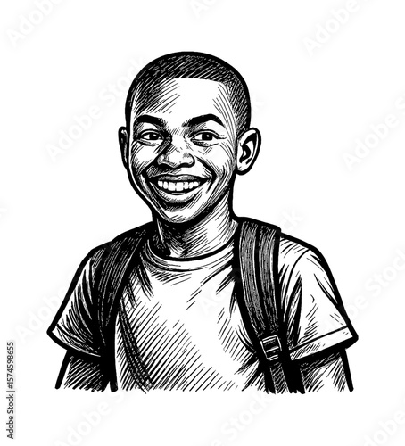 African American Boy Smiling Portrait with Backpack in Detailed Engraved Line Art