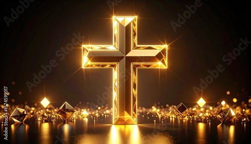 Golden cross, illuminated, shiny