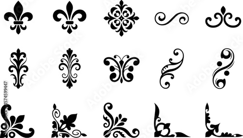 Black decorative ornamental flourishes and corner accents vector
