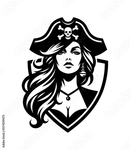Portrait of Beautiful Woman Pirate with Skull Hat and Long Hair in Black and White Vector