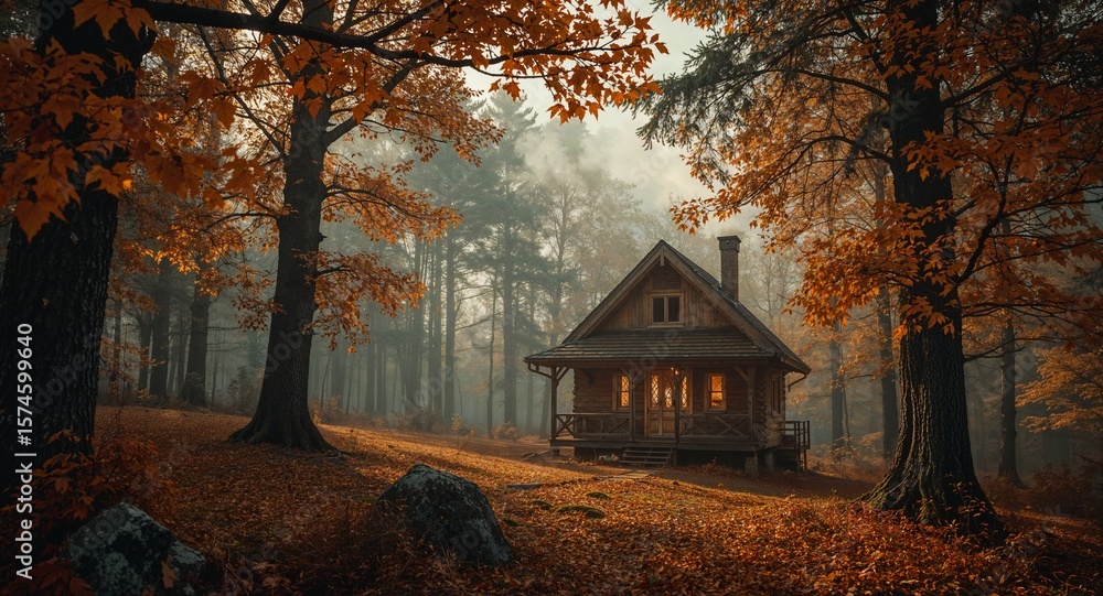 Fototapeta premium A cozy cabin nestled in an autumn forest with warm light emanating from the windows and a misty backdrop