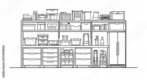 Top down layout of organized garage with storage shelves line art hand drawing in plain white background