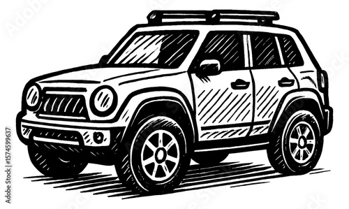 Off Road Vehicle Illustration in Black and White Detailed Woodcut Style Graphic