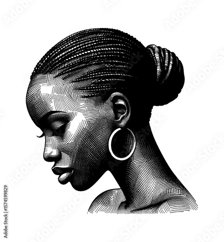 Elegant Black Woman with Braided Hair in Profile Black and White Engraving Style Art