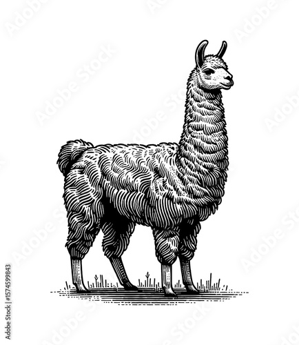 Llama Standing Profile View with Detailed Fur Texture in Black and White Engraving Style